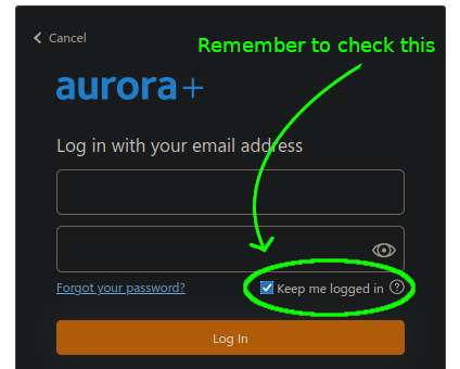 Screenshot of the aurora+ login screen, with an arrow reminder to check “Keep me logged in”